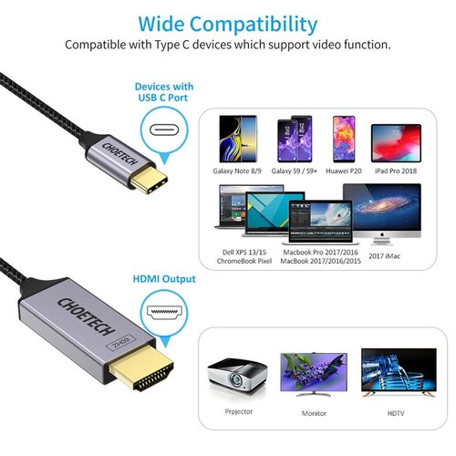 Choetech Choetech USB-C zu HDMI 2.0 Kabel 4K @ 60Hz 3840x2160 - 1.8M - Schwarz / Grau