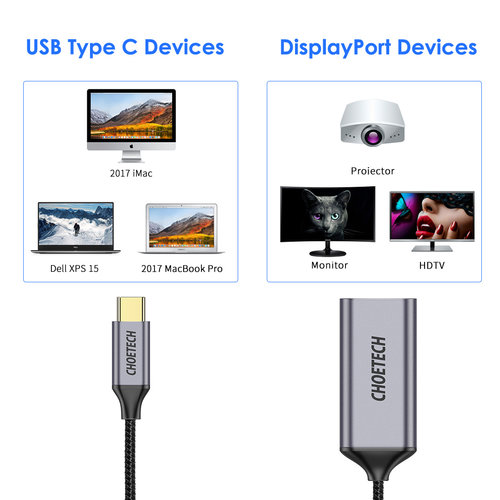 Choetech Aluminium USB-C zu DP Adapter - Koax - 4Kx2K @ 60Hz - DP Alt Modus