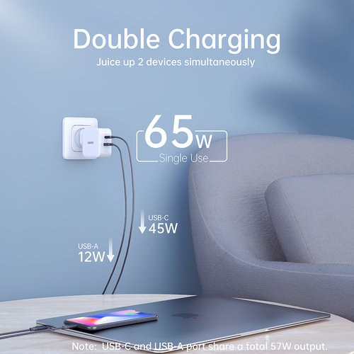 Choetech Dual GaN power adapter USB-C / USB-A - Power Delivery 65W