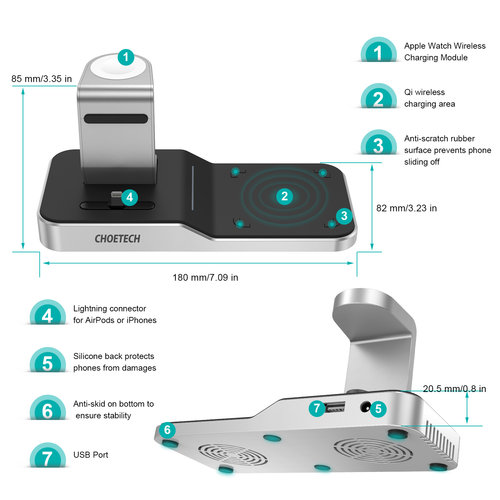 Choetech Station de charge 4 en 1 pour Apple Watch / AirPods / Smartphone - certifiée MFi et Qi - sortie USB-A supplémentaire - 10W