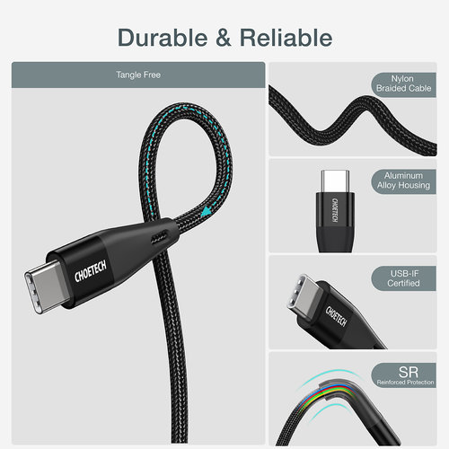 Choetech USB-C male to USB-C male charging cable - 60W PD - 1.2m