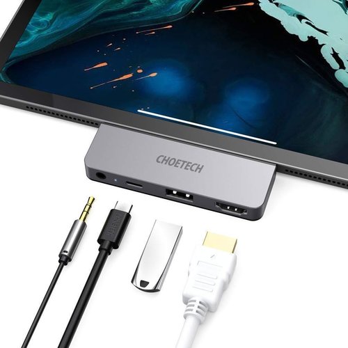 Choetech Connecting 4 in 1 USB-C hub to USB-C PD, USB-A, HDMI and 3.5mm audio jack - sky gray