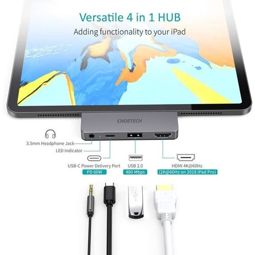 Choetech Aansluitende 4 in 1 USB-C hub naar USB-C PD, USB-A, HDMI en 3.5mm audio jack - sky grey