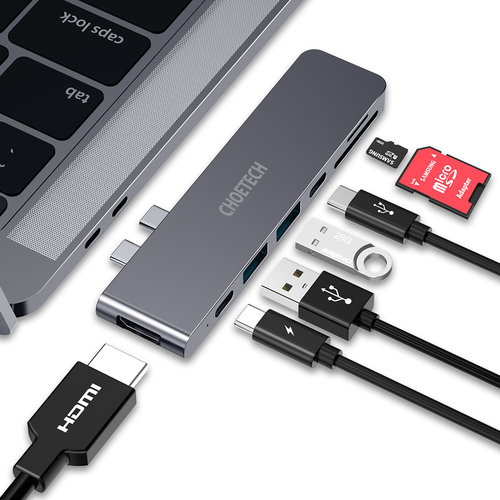 Choetech Connecting USB-C 7-in-1 hub to Thunderbolt 3 USB-C PD, USB 3.0, 4K HDMI and card reader