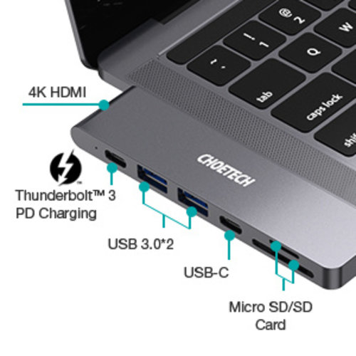 Choetech Connecting USB-C 7-in-1 hub to Thunderbolt 3 USB-C PD, USB 3.0, 4K HDMI and card reader