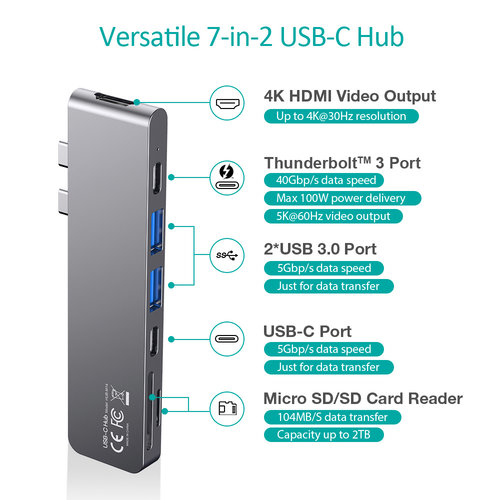 Choetech Connecting USB-C 7-in-1 hub to Thunderbolt 3 USB-C PD, USB 3.0, 4K HDMI and card reader