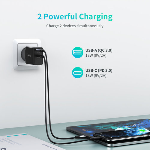 Choetech Dual USB power adapter with Quick Charge 3.0 and PD 3.0 - 36W