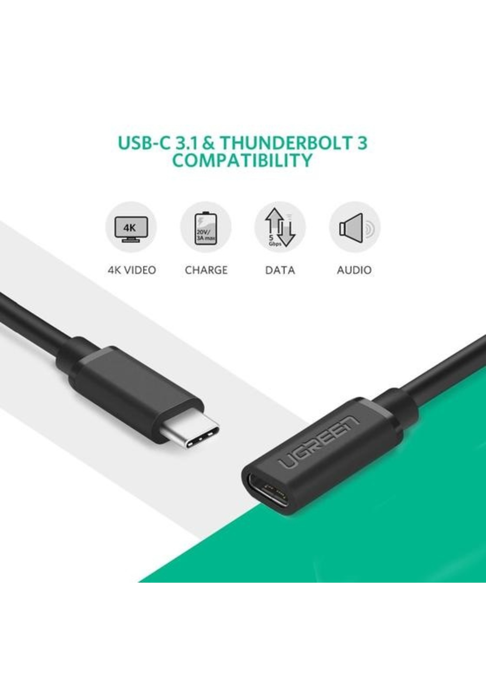 UGREEN USB-C extension cable - male -> female - 3A - 5Gbps - Supports 4K audio / video - 50 cm