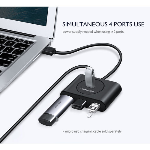 UGREEN USB 3.0 Hub mit 4 USB-A Ports - Zusätzliche Stromversorgung möglich