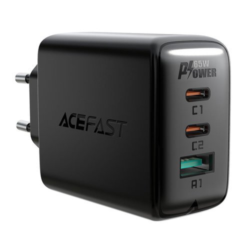 ACEFAST Adaptateur secteur avec 2 ports USB-C et USB-A - Sortie 65 W - prend en charge la charge rapide - Noir