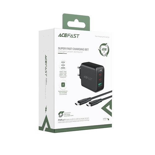 ACEFAST Adaptateur secteur avec 2 ports USB-C et USB-A - Sortie 65 W - prend en charge la charge rapide - Noir