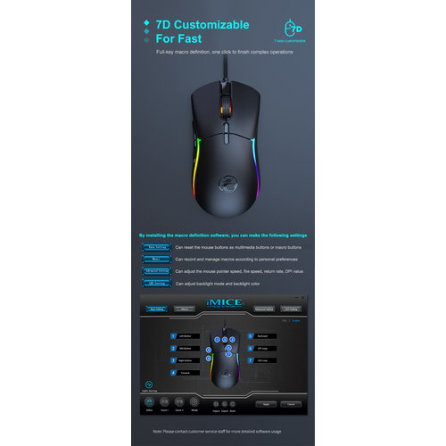 iMice Souris de jeu avec housse supplémentaire - 7 boutons - Eclairage RVB - DPI réglable