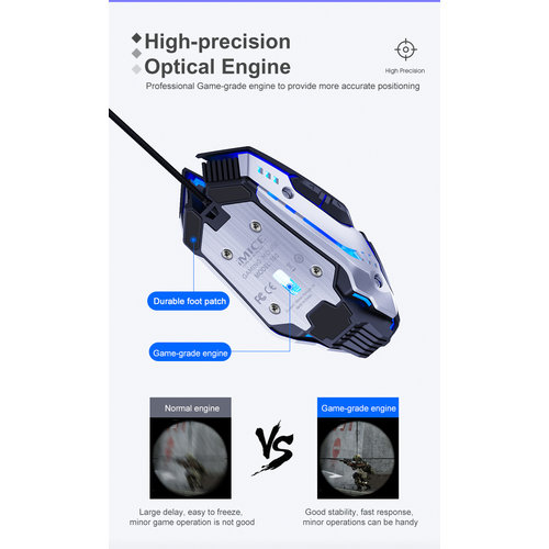 iMice Souris de jeu mécanique en métal - 7 boutons - DPI réglable