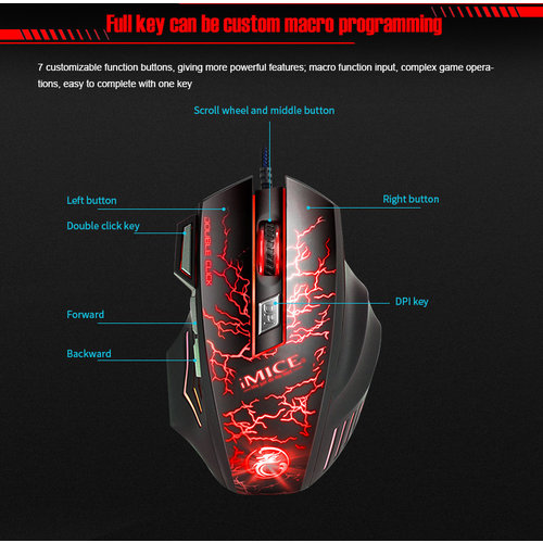 iMice Gaming mouse with lighting - 7 buttons - Thunder design - 1200/1600/2400/3200 DPI - macro programming