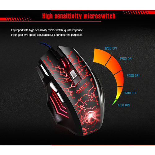 iMice Souris gamer avec éclairage - 7 boutons - Design Thunder - 1200/1600/2400/3200 DPI - programmation macro