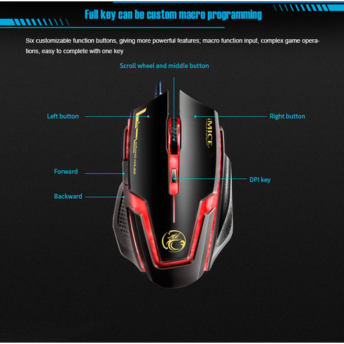 iMice Souris gamer avec éclairage LED - 6 boutons - 1200/1600/2400/3200 DPI