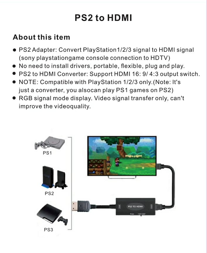 PS2 to HDMI Converter HD Video Adapter for PlayStation 1/2/3 1080P