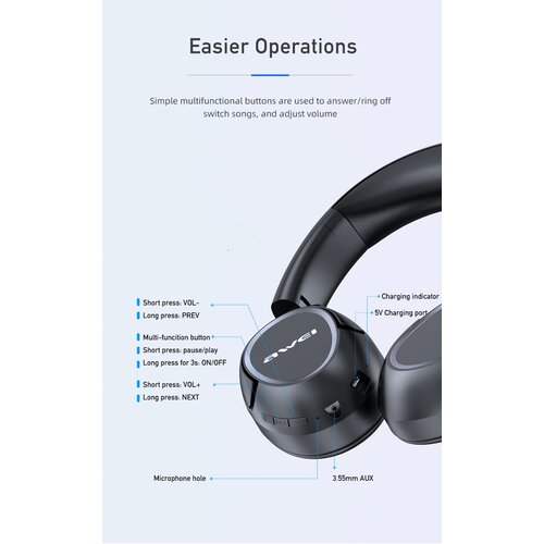AWEI Écouteurs Bluetooth sans fil pliables - Noir