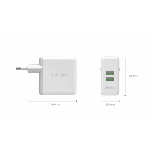 Orico Duo USB Turbolader mit Qualcomm Schnellladung 2,0-2 Port QC2.0 Ladegerät 36W, 12V / 9V / 5V Weiß