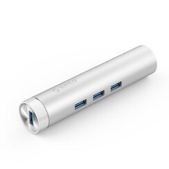 Aluminium USB3.0 hub met 3 type-A poorten 1 Ethernet poort - Zilver