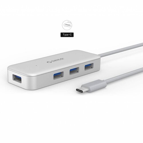 Orico Type-C USB3.0 Hub met 4 Type-A Poorten - 5Gbps - VIA-Chip - Kabellengte 15cm - Zilver