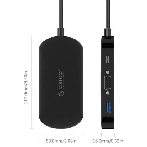 Orico 3-in-1 Type-C hub met USB 3.0 Type-A, Type-C PD en VGA poorten - Power Delivery - IC chip - Kabellengte 30 CM - Zwart