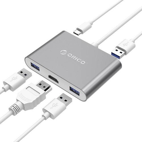 Orico Aluminum USB Type-C hub suitable for MacBook, 1x USB Type C, 3x USB 3.0 1x HDMI Converter - Sky Gray