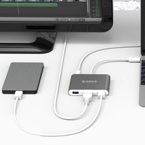 Orico Aluminum USB Type-C hub suitable for MacBook, 1x USB Type C, 3x USB 3.0 1x HDMI Converter - Sky Gray