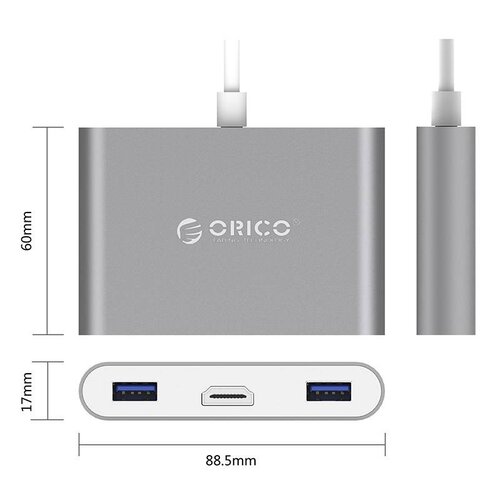 Orico Aluminum USB Type-C hub suitable for MacBook, 1x USB Type C, 3x USB 3.0 1x HDMI Converter - Sky Gray
