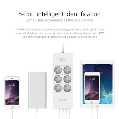 Orico prises de courant avec six et cinq ports de charge USB - 4000W - Blanc