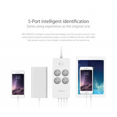 Orico power strip with four sockets and five USB charging ports - 4000W - Incl. on / off switch - white