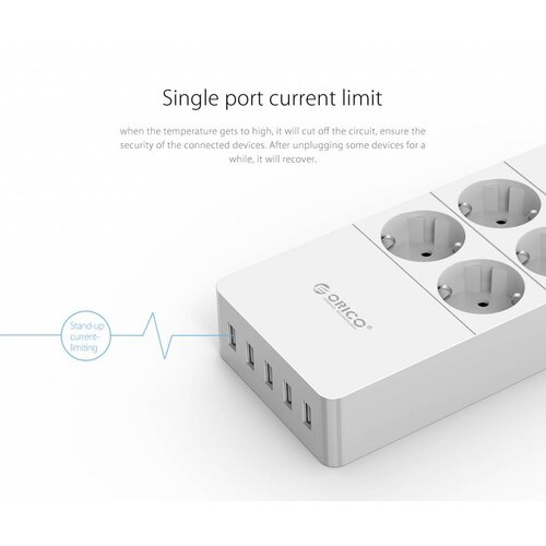 Orico power strip with four sockets and five USB charging ports - 4000W - Incl. on / off switch - white