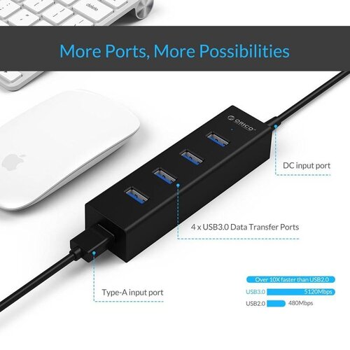 Orico Mattschwarzer USB3.0-Hub mit 4 Typ-A-Anschlüssen - für Windows, Linux und Mac OS - 5 Gbit / s - VIA-Chip