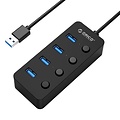 Orico USB3.0-Hub mit 4 Typ-A-Anschlüssen - 4x Ein / Aus-Schalter - 4 LED-Anzeigen - 5 Gbit / s - 30CM USB3.0-Datenkabel - für Windows, Linux und Mac OS - Schwarz