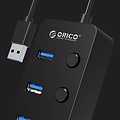 Orico USB3.0-Hub mit 4 Typ-A-Anschlüssen - 4x Ein / Aus-Schalter - 4 LED-Anzeigen - 5 Gbit / s - 30CM USB3.0-Datenkabel - für Windows, Linux und Mac OS - Schwarz