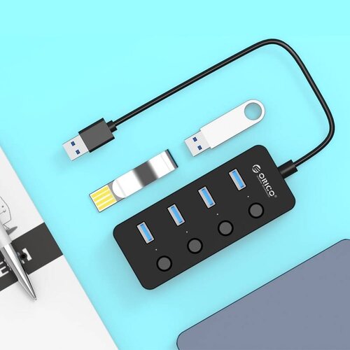 Orico USB3.0-Hub mit 4 Typ-A-Anschlüssen - 4x Ein / Aus-Schalter - 4 LED-Anzeigen - 5 Gbit / s - 30CM USB3.0-Datenkabel - für Windows, Linux und Mac OS - Schwarz