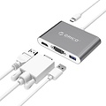Orico Aluminum hub from Type-C to HDMI, VGA, USB3.0 type-A and USB type-C - Power Delivery - 5Gbps - 15CM Cable - Gray