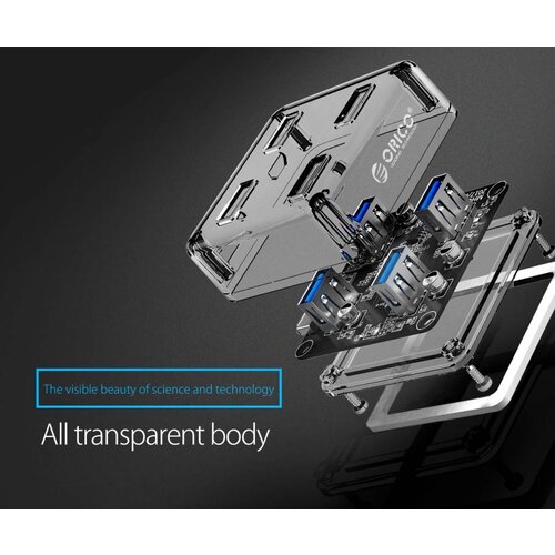 Orico Transparante Hub met 4 USB3.0 type-A poorten – 5 Gbps – Speciale LED-indicator – Datakabel van 1M