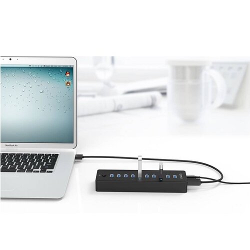 Orico USB 3.0 Hub 10 Typ-A Gates - BC1.2 - 5 Gbps - Incl. Daten-Kabel & Adapter - Ein- / Ausschalter - 30W - Schwarz
