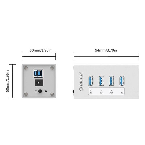 Orico Aluminium USB 3.0 Hub met 4 Poorten - Incl. 12V Stroomadapter en USB 3.0 kabel - Mac Style - 5Gbps - Zilver