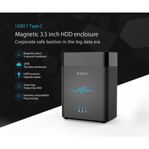 Orico Soft closing 2-Bay Type-C harde schijf station voor 3.5 inch SATA HDD –  Slaapmodus - LED-indicator - Zwart