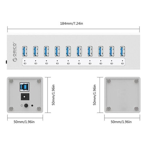 Orico Aluminum USB3.0 HUB with 10 ports - Silver