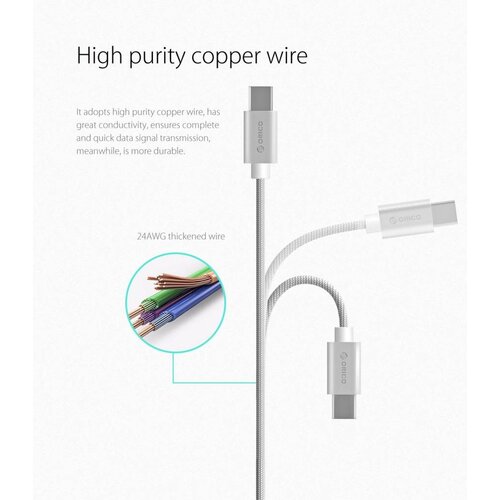 Orico USB Type-C laad- en datakabel - 3A - Gevlochten Nylon - Aluminium - 1 Meter - Zilver