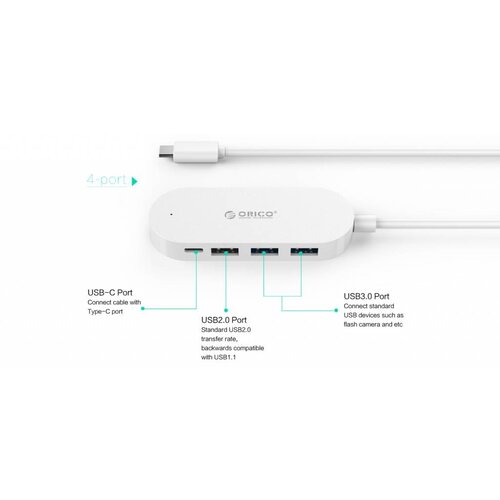 Orico Type-C hub with 3 USB-A ports and 1x USB-C port - Integrated 30 cm cable - LED indicator - White