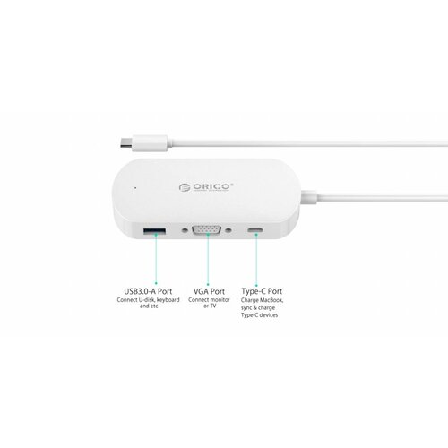 Orico 3-in-1 Type-C hub met USB 3.0 Type-A, Type-C PD en VGA poorten - Power Delivery - IC chip - Kabellengte 30 CM - Wit