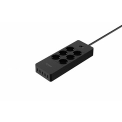 USB power strip with six sockets and five USB charging ports - Black
