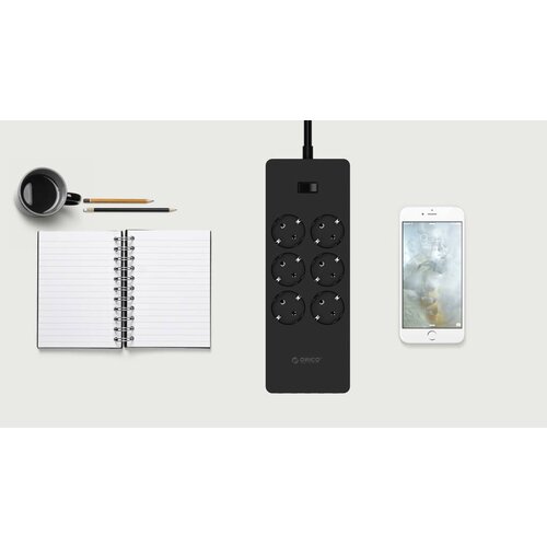 Orico USB power strip with six sockets and five USB charging ports - Incl. on / off switch - Black