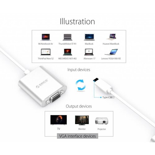 Orico Aluminum Type-C to VGA adapter - Incl. Audio output - Mac Style - 1920 x1080P Full HD - Silver