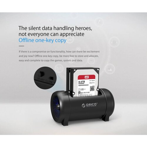 Orico Dual-bay hard disk docking station with clone function - intelligent sleep mode - cool LED lighting - Strong fan - Black
