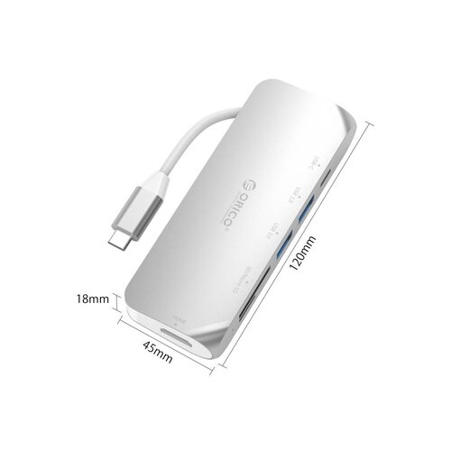 Orico Hub multifonctionnel USB3.0 Type-C en aluminium - Alimentation - 4K HDMI - 2 x USB3.0 Type-A - Lecteur de carte SD / TF - argent